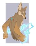 anthro brown_fur canine coyote demicoeur digital_media_(artwork) electricity fur hexagon male mammal nude plain_background solo superpowers tattoo tukamos_(character) 