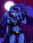  2015 absurd_res anthro anthrofied blue_body blue_eyes blue_hair cleavage clothed clothing ear_piercing equine female fingerless_gloves friendship_is_magic full_moon gloves hair hi_res horn long_hair looking_at_viewer mammal moon my_little_pony navel outside pegasus piercing princess_luna_(mlp) raised_arm skecchiart smile solo wings 