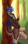  2015 balls blue_hair bottomless brown_fur canine clothed clothing cum demicoeur fur hair half-dressed looking_at_viewer male mammal masturbation outside penis solo tree 