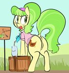  2015 anatomically_correct anatomically_correct_pussy animal_genitalia anus clothing cutie_mark earth_pony equine equine_pussy female feral freckles friendship_is_magic green_eyes green_hair hair horse horsecock looking_back mammal mcsweezy ms_peachbottom_(mlp) my_little_pony open_mouth penis pony presenting pussy raised_tail sign solo two_tone_hair 