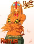  2015 amber_eyes anthro avian beak belt big_breasts bird bra breasts claws cleavage clothed clothing eyewear feathers female goggles hair long_hair looking_at_viewer navel orange_feathers orange_hair pants ryo_agawa smile solo standing underwear wide_hips 