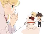  2boys aldnoah.zero asseylum_vers_allusia blonde_hair blush brown_eyes brown_hair chibi creamer_(vessel) cup green_eyes kaizuka_inaho long_hair military military_uniform multiple_boys necktie open_mouth ryuta short_hair slaine_troyard smile sugar_cube teacup uniform 