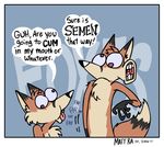  ambiguous_gender anthro canine derp dialogue duo english_text fox fur humor male mammal matt_rat nude pun text 