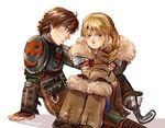  1girl armor astrid_hofferson blonde_hair blue_eyes blush braid brown_hair chin_rest circlet couple fur_collar hair_over_shoulder hetero hiccup_horrendous_haddock_iii how_to_train_your_dragon how_to_train_your_dragon_2 k@de leg_warmers long_hair looking_away older prosthesis prosthetic_leg side_braid single_braid sitting sitting_on_lap sitting_on_person viking 