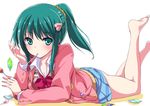  bare_legs barefoot blue_skirt bow breasts candy candy_wrapper cleavage collared_shirt food green_eyes green_hair hair_ornament heart heart_hair_ornament legs_up lollipop lying medium_breasts mutou_kurihito on_stomach ponytail serizawa_momoka shirt skirt solo tokyo_7th_sisters 