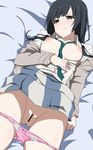  bangs between_breasts black_hair blunt_bangs blush breasts censored green_eyes long_hair looking_away low_twintails lying medium_breasts necktie necktie_between_breasts nipples on_back open_clothes open_shirt panties panty_pull pink_panties pussy sekine_hajime shirobako shirt skirt skirt_lift solo tears twintails underwear yasuhara_ema 