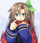  :o blush brown_hair chocolate chocolate_heart coat fuji_kakei gift green_eyes hair_between_eyes hair_ribbon heart holding holding_gift if_(choujigen_game_neptune) long_hair long_sleeves looking_at_viewer neptune_(series) one_side_up open_mouth plaid plaid_scarf ribbon scarf snowing solo tsurime upper_body valentine 