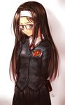  absurdres arms_behind_back black_eyes black_hair blazer blush brown_hair gift glasses hairband highres jacket kotoba_noriaki original school_uniform skirt solo valentine 