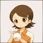  ayu_(mog) bad_id bad_pixiv_id bangs black_border blush border brown_eyes brown_hair hair_ornament hairclip inazuma_eleven inazuma_eleven_(series) kino_aki lowres rice short_hair simple_background smile solo swept_bangs upper_body 