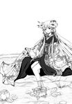  chii chobits floral_print flower greyscale hair_flower hair_ornament japanese_clothes kimono long_hair monochrome parted_lips petals ribbon sitting soaking_feet solo suyao_(3mol) unmoving_pattern very_long_hair water 