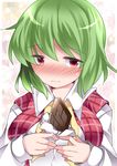  bad_id bad_pixiv_id between_breasts blush breast_squeeze breasts chocolate chocolate_bar commentary embarrassed green_hair hammer_(sunset_beach) kazami_yuuka large_breasts long_sleeves looking_away looking_down red_eyes shirt solo sweatdrop touhou upper_body valentine vest wavy_mouth 