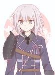  androgynous armor double-breasted grey_eyes honebami_toushirou japanese_armor long_sleeves male_focus military military_uniform necktie rabi_(swordofthestone) shoulder_armor silver_hair sode solo touken_ranbu uniform 