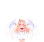  bare_shoulders blonde_hair bow chii chobits closed_eyes cowboy_shot dress feathered_wings hair_tubes long_hair red_bow robot_ears short_dress solo strapless strapless_dress white_background wings yoruel 
