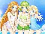  :d ;d arm_hug aryll bandeau blonde_hair blue_eyes blue_sky breasts cloud covered_nipples day flat_chest green_hair grin highres holding_hands interlocked_fingers long_hair looking_at_viewer malon multiple_girls navel one-piece_swimsuit one_eye_closed open_fly open_mouth outstretched_hand pig_tail pointy_ears red_hair ruru_(lulubuu) saria short_hair short_shorts shorts sky small_breasts smile strapless swimsuit tail the_legend_of_zelda the_legend_of_zelda:_ocarina_of_time the_legend_of_zelda:_the_wind_waker unzipped very_long_hair 