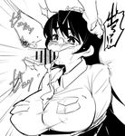  1girl bangs black_hair blush breasts bust collared_shirt cum cum_in_mouth cum_on_body cum_on_breasts cum_on_upper_body fellatio filia_(skullgirls) fukumaaya large_breasts long_hair monochrome oral penis pubic_hair samson_(skullgirls) school_uniform shirt skullgirls tears upper_body 