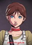  blue_eyes brown_hair bulletproof_vest choker daniel_macgregor earrings gun handgun head_tilt jewelry lips pistol rebecca_chambers resident_evil resident_evil_0 short_hair soejima_shigenori_(style) solo stud_earrings upper_body weapon 