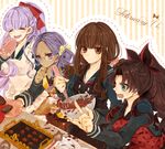  ascot baking bindi dark_skin dotted_line fate/extra fate/extra_ccc fate_(series) glasses hair_up kishinami_hakuno_(female) matou_sakura momiji_(00mmj00) multiple_girls purple_hair rani_viii school_uniform serafuku toosaka_rin tsukumihara_academy_uniform_(fate/extra_ccc) 