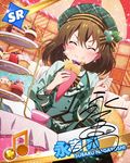  ^_^ beamed_eighth_notes blush brown_hair cake character_name character_signature closed_eyes crepe cup cupcake dutch_angle eating food food_on_face hat idolmaster idolmaster_million_live! musical_note nagayoshi_subaru official_art pastry solo teacup tiered_tray wafer_stick 