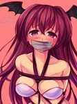  arms_behind_back bdsm blush bondage bound bound_arms bra breast_bondage breasts collarbone completion_time gag gagged head_wings improvised_gag koakuma large_breasts long_hair maullarmaullar navel nose_blush red_eyes red_hair rope solo tape tape_gag touhou twitter_username underwear very_long_hair 