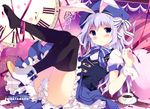  animal_ears beret black_legwear blue_bow blue_eyes blue_hat blue_neckwear blush bow bowtie bunny_ears checkered checkered_floor cup full_body gochuumon_wa_usagi_desu_ka? hair_ornament hairclip hat heart heart_pillow high_heels kafuu_chino legs_up long_hair looking_at_viewer no_panties parted_lips petals pillow puffy_short_sleeves puffy_sleeves red_ribbon ribbon roman_numerals saucer shiratama_(shiratamaco) shoes short_sleeves silver_hair single_shoe striped striped_bow striped_neckwear thighhighs vest wrist_cuffs x_hair_ornament 