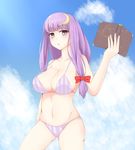  bad_id bad_pixiv_id bikini blush book breasts chestnut_mouth collarbone crescent crescent_hair_ornament hair_ornament highres large_breasts long_hair looking_at_viewer navel patchouli_knowledge purple_eyes purple_hair solo surota swimsuit touhou very_long_hair 