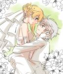  1girl aldnoah.zero asseylum_vers_allusia bare_shoulders blonde_hair blue_eyes blush bride dress elbow_gloves flower gloves green_eyes groom long_hair naguy_(nagui) short_hair silver_hair slaine_troyard smile wedding_dress 