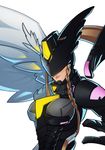  angel_wings armor braid breasts brown_hair covered_eyes digimon digimon_story:_cyber_sleuth head_wings helmet helmet_over_eyes highres large_breasts light_smile lips lipstick makeup mask mastemon side_braid sidelocks simple_background smile solo splashbrush upper_body white_background winged_helmet wings 