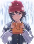  bag black_hair hat highres idolmaster idolmaster_(classic) jacket kikuchi_makoto looking_at_viewer nekopuchi short_hair snow solo valentine 