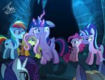  2015 = applejack_(mlp) blonde_hair bloodshot_eyes blue_eyes bluse cave cowboy_hat creepy creepy_smile cutie_mark electricity equine female friendship_is_magic group hair hat horn horse inside magic mammal multicolored_hair my_little_pony pegasus pony ponytail rainbow_dash_(mlp) rarity_(mlp) twilight_sparkle_(mlp) unicorn unknown_character winged_unicorn wings 