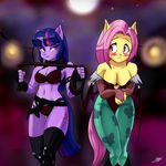  2015 anthro anthrofied bat_wings belmont belt blush breasts cleavage clothed clothing duo elbow_gloves equine fangs female fingerless_gloves flutterbat_(mlp) fluttershy_(mlp) friendship_is_magic gloves hair horn lantern lipstick mammal morrigan my_little_pony navel night outside pink_hair purple_eyes purple_hair red_eyes skecchiart slit_pupils star twilight_sparkle_(mlp) unicorn whip winges wings 