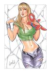  blonde_hair breasts cleavage denim elias_chatzoudis gwen_stacy jeans lipstick long_hair makeup marvel midriff navel panties pants spider-man spider-man_(series) underwear 