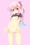  :o blue_hair flat_chest flower gradient_hair hair_flower hair_ornament hair_ribbon harusame_(kantai_collection) kantai_collection long_hair looking_at_viewer multicolored_hair navel nipples no_pants panties panty_pull pink_eyes pink_hair pink_panties pussy_juice ribbon school_uniform serafuku shirt_lift shisui_suzuka side_ponytail solo standing underwear 