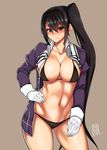  bikini black_bikini black_hair blush breasts brown_eyes gloves highres kantai_collection large_breasts long_hair meicha nachi_(kantai_collection) navel open_mouth side_ponytail signature simple_background smile solo swimsuit very_long_hair white_gloves 