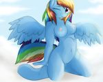  2015 anthro anthrofied blue_fur breasts cloud cloudscape equine evange female friendship_is_magic fur hair kneeling long_hair mammal multicolored_hair my_little_pony navel nipples one_eye_closed outside pegasus pussy rainbow_dash_(mlp) rainbow_hair sky solo wings 