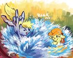  2012 blonde_hair carrot_top_(mlp) cuteskitty derpy_hooves_(mlp) duo equine eyelashes eyes_closed female friendship_is_magic fur green_eyes grey_fur hair horse mammal my_little_pony one_eye_closed open_mouth orange_hair outside pony smile water yellow_fur 