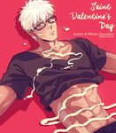  archer bespectacled byulrorqual casual chocolate dark_skin dark_skinned_male english fate/stay_night fate_(series) glasses grey_eyes male_focus shirt_lift solo white_chocolate white_hair 