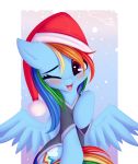  blue_fur blue_wings blush christmas clothed clothing cutie_mark equine female feral friendship_is_magic fur hair hat holidays looking_at_viewer mammal multicolored_hair multicolored_tail my_little_pony omiart one_eye_closed pegasus purple_eyes rainbow_dash_(mlp) rainbow_hair rainbow_tail santa_hat smile solo spread_wings underwear wings 