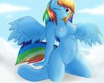  2015 anthro anthrofied blue_fur breasts cloud cloudscape equine evange female friendship_is_magic fur hair hi_res kneeling long_hair mammal multicolored_hair my_little_pony navel nipples one_eye_closed outside pegasus pussy rainbow_dash_(mlp) rainbow_hair sky solo wings 