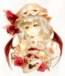  acrylic_paint_(medium) ascot bad_id bad_pixiv_id bat_wings brooch checkerboard_cookie chocolate chocolate_heart cookie cup flower food hat hat_ribbon heart jewelry keiko_(mitakarawa) looking_at_viewer mob_cap pinky_out plant plate red_eyes red_flower red_rose remilia_scarlet ribbon rose silver_hair smile solo teacup teapot touhou traditional_media upper_body vines watercolor_(medium) wings 