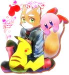  &lt;3 alien anthro black_nose blush boots canine crossover eyes_closed fox fox_mccloud fur furry green_eyes happy heart holidays jacket kirby kirby_(series) male mammal nintendo no_humans onyuuuu pikachu pok&eacute;mon pokemon rodent scarf sitting star_fox super_smash_bros super_smash_bros. valentine valentine&#039;s_day video_games 