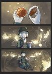  3koma arm bandages blonde_hair blood blue_eyes boots border can chocolate city comic commentary corpse death dirty dresden eating empty_eyes erica_(naze1940) finger_licking fire food german germany helmet highres historical_event injury licking load_bearing_equipment md5_mismatch melting military military_uniform original rubble scho-ka-kola short_hair sitting soldier spilling stahlhelm torn_clothes translated uniform war world_war_ii 