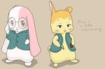  blue_eyes blush brown_eyes clothing dialogue duo embarrassed eyelashes eyewear fur glasses happy_happy_clover haru lago lagomorph looking_at_viewer mallow mammal meru orange_fur pink_fur pixiv rabbit shallot shirt short_fur vest yellow_fur 