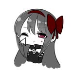  ;&lt; akemi_homura akuma_homura bare_shoulders black_dress black_gloves black_hair bow chibi choker cursor dress elbow_gloves fc_(efushii) gloves hair_bow long_hair lowres mahou_shoujo_madoka_magica mahou_shoujo_madoka_magica_movie purple_eyes simple_background solo white_background 