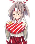  ^_^ amano_kouki blush box chocolate chocolate_heart closed_eyes gift gift_box hachimaki hakama headband heart highres holding incoming_gift japanese_clothes kantai_collection open_mouth ponytail red_hakama silver_hair sketch solo valentine zuihou_(kantai_collection) 
