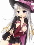  ayachi_nene belt breasts buckle cape collar grey_hair hat highres long_hair medium_breasts muririn nipples no_panties open_clothes open_skirt purple_eyes ribbon sanoba_witch shadow skirt vial witch_hat 