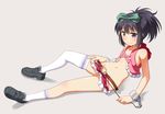  asymmetrical_legwear belt black_hair blush bow chain cuffs flat_chest grey_eyes groin hair_bow hip_vent kunihiro_hajime microskirt midriff navel no_bra no_panties ponytail revealing_clothes saki saki_achiga-hen shackles sitting skirt skirt_pull solo umekichi vest white_legwear 