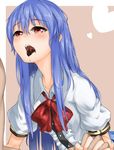  blue_hair bow chocolate chocolate_covered commentary heart highres hinanawi_tenshi holding_hands imminent_kiss interlocked_fingers momoiro_lettuce open_mouth puffy_short_sleeves puffy_sleeves red_eyes saliva shirt short_sleeves tongue tongue_out touhou valentine 