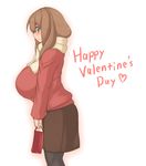 bad_id bad_pixiv_id bag breasts brown_hair eyebrows green_eyes happy_valentine heart huge_breasts kaz_(shade) long_hair original pantyhose simple_background skirt smile solo valentine white_background 