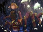  blonde_hair bow cave commentary_request hair_bow insect_girl kaatoso kurodani_yamame kurodani_yamame_(spider) looking_at_viewer monster_girl red_eyes short_hair silk solo spider_girl spider_web touhou 