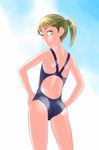  ass blonde_hair bodypaint competition_swimsuit from_behind green_eyes kadan_(ad1999) looking_at_viewer naked_paint nude one-piece_swimsuit original painted_clothes ponytail pussy short_hair solo swimsuit uncensored 
